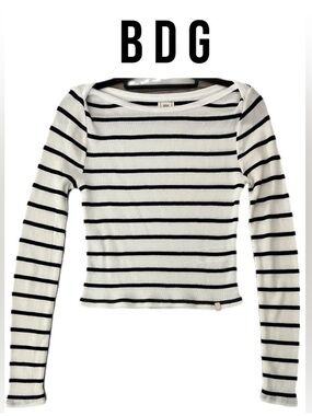 BDG Black & White Waffle-Striped Long Sleeve Top
